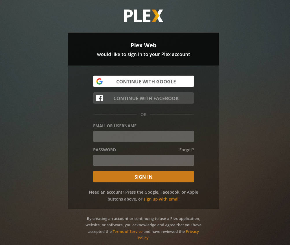 Plex Welcome Page.