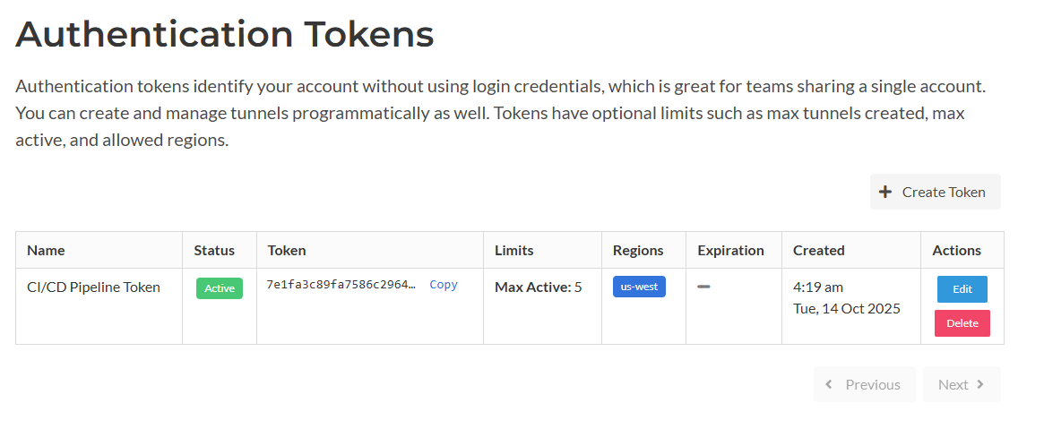 Authentication token page in user portal