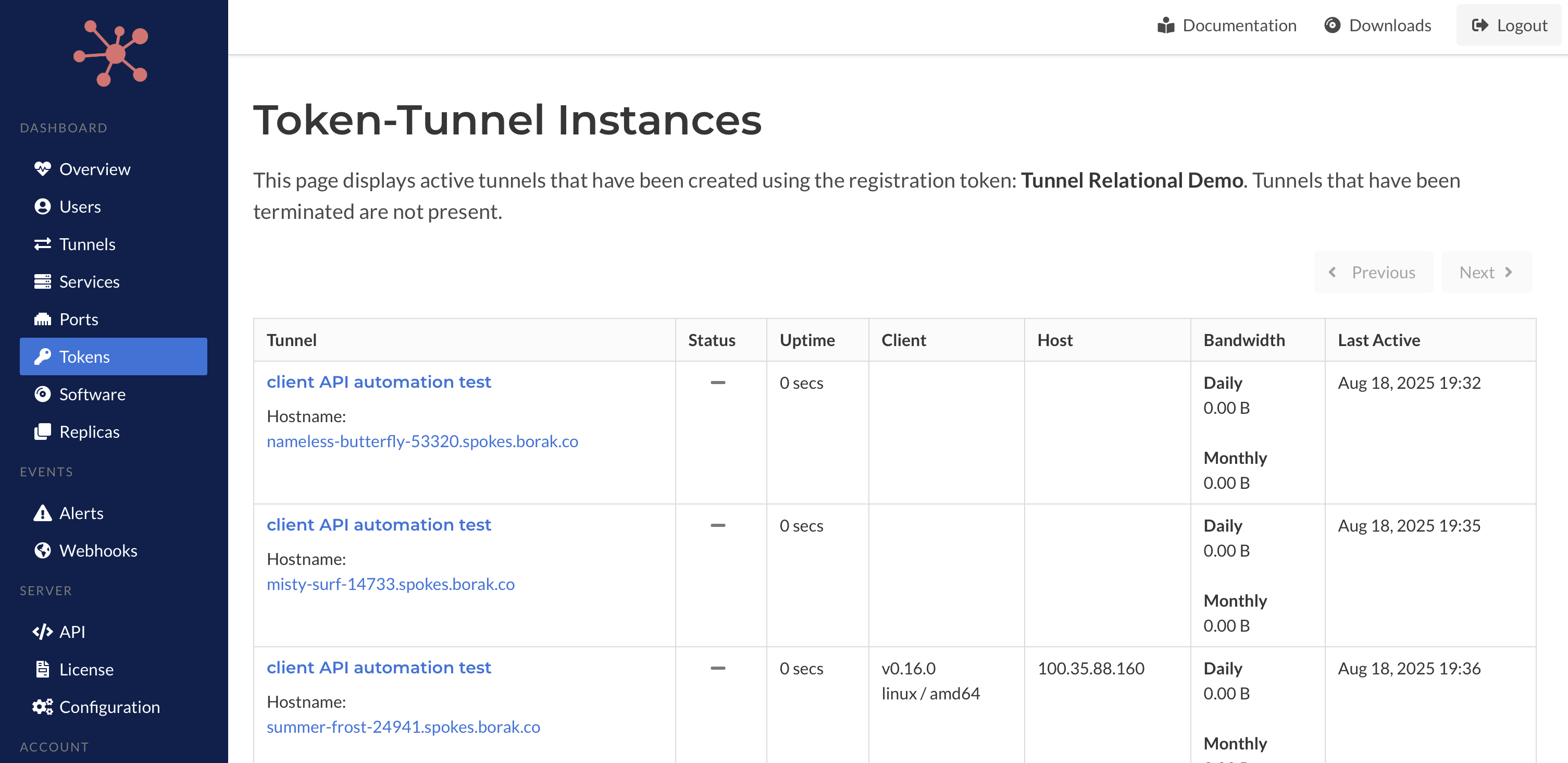 Registration Token to Tunnel List View